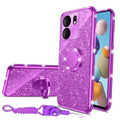 Purple glitter TPU phone case with circular ring kickstand and lanyard strap