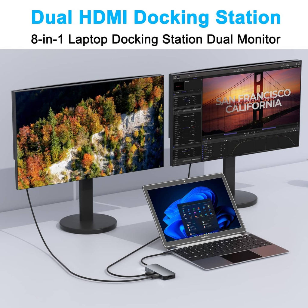 Dual HDMI laptop docking station connected to a laptop with two display ports