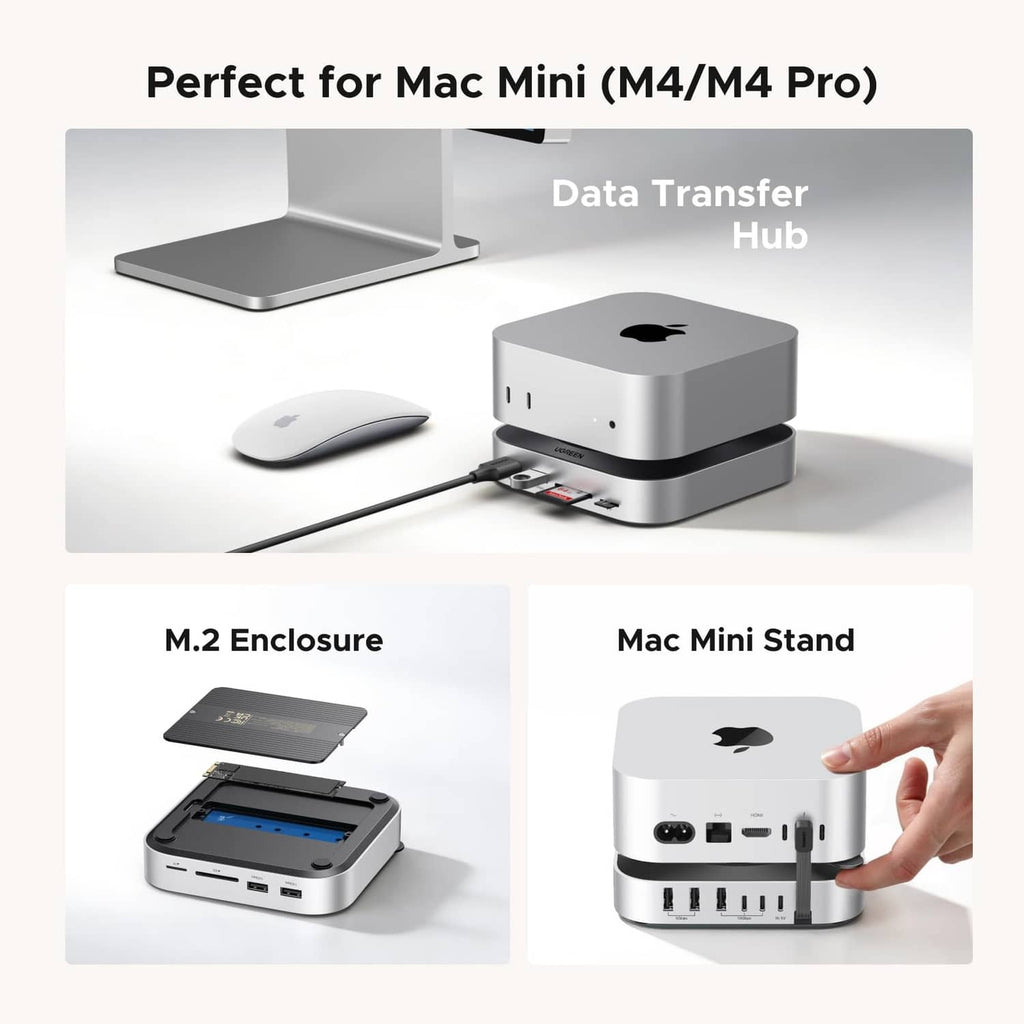 UGREEN Mac mini dock stand, silver base with multiple USB-A ports