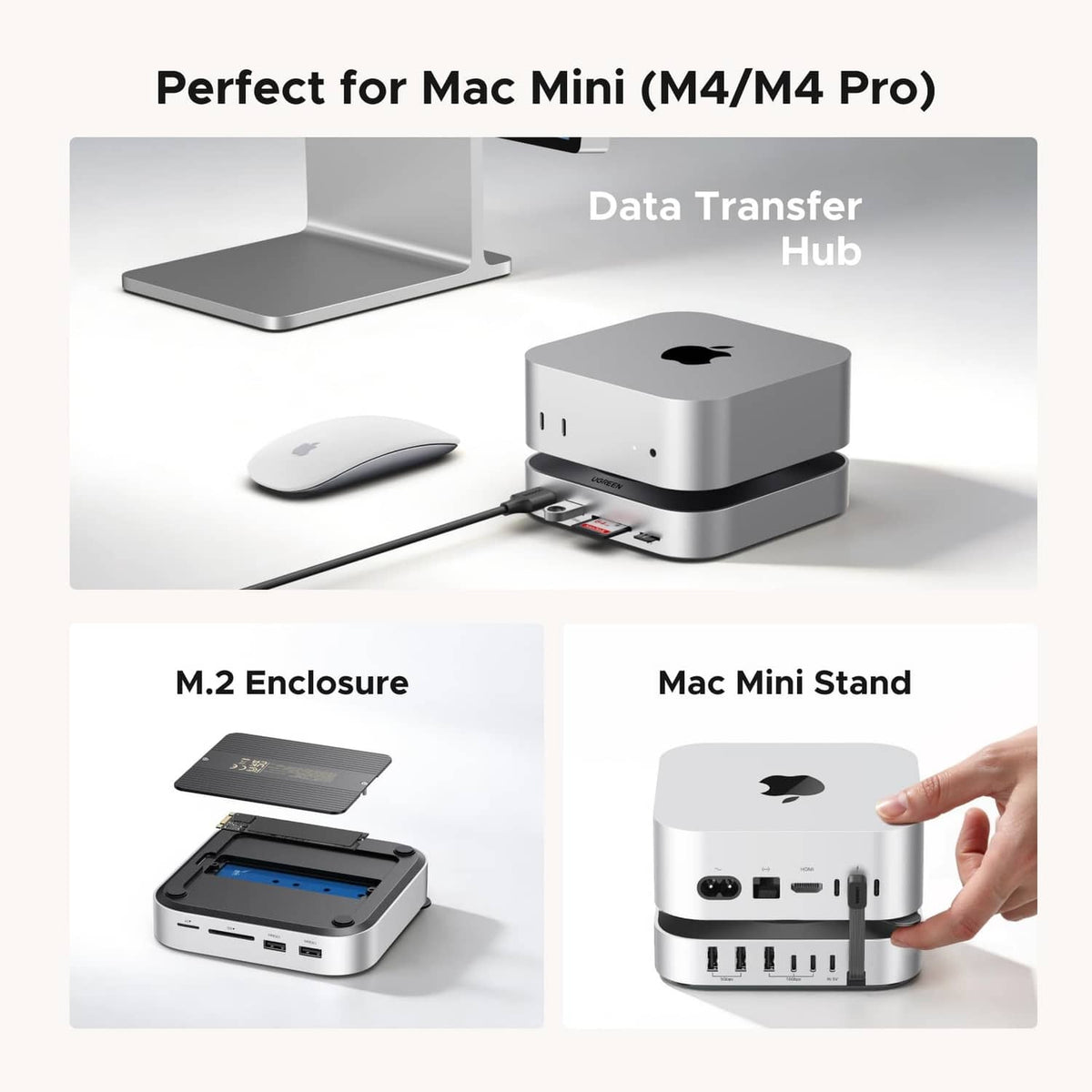 UGREEN Mac mini dock stand, silver base with multiple USB-A ports