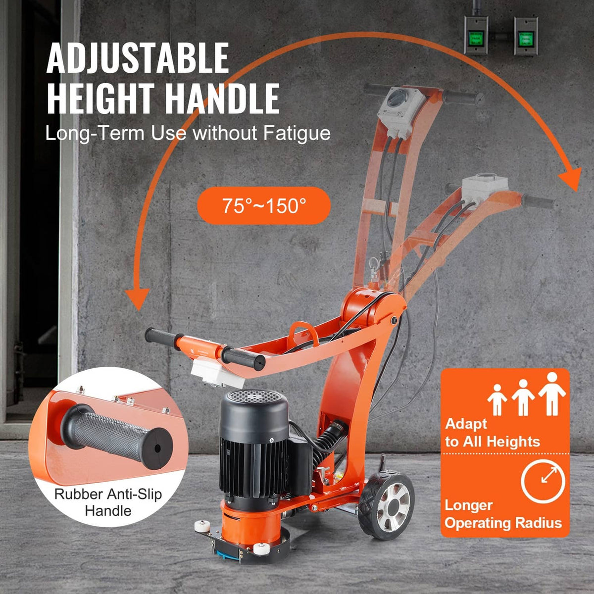 Orange walk-behind concrete grinder with adjustable height handle and rubber grip