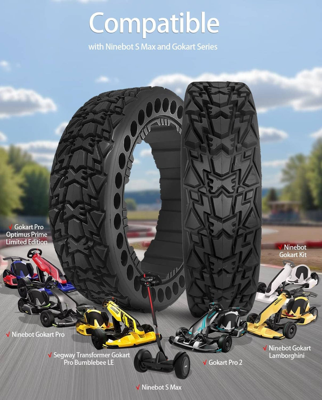 Pair of black off-road go-kart tires with aggressive tread and multi-hole wheel rims.