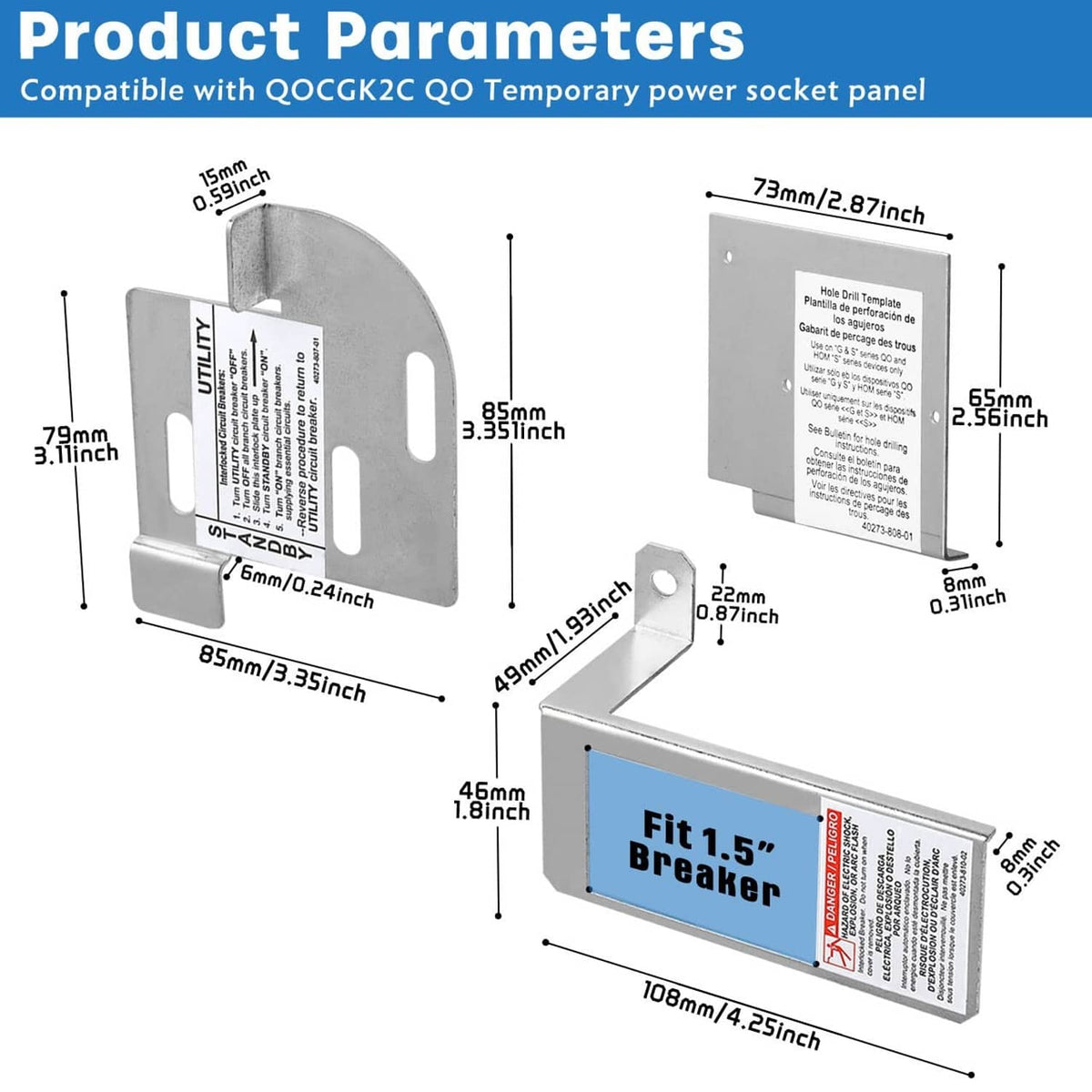 Generator interlock kit size diagram showing bracket dimensions and breakers fit