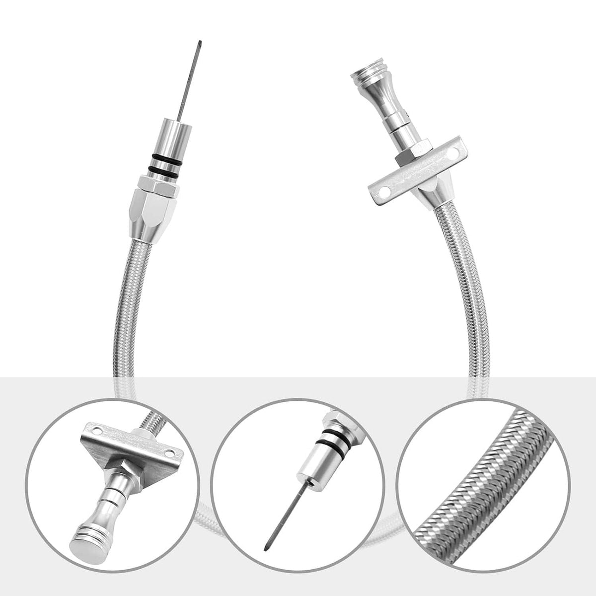 Flexible stainless dipstick hose with two end fittings and mounting flange