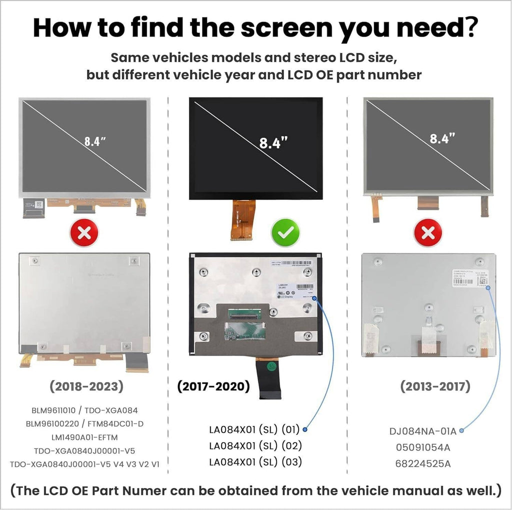 8.4-inch Uconnect touchscreen display fit guide with model and LCD size check layout
