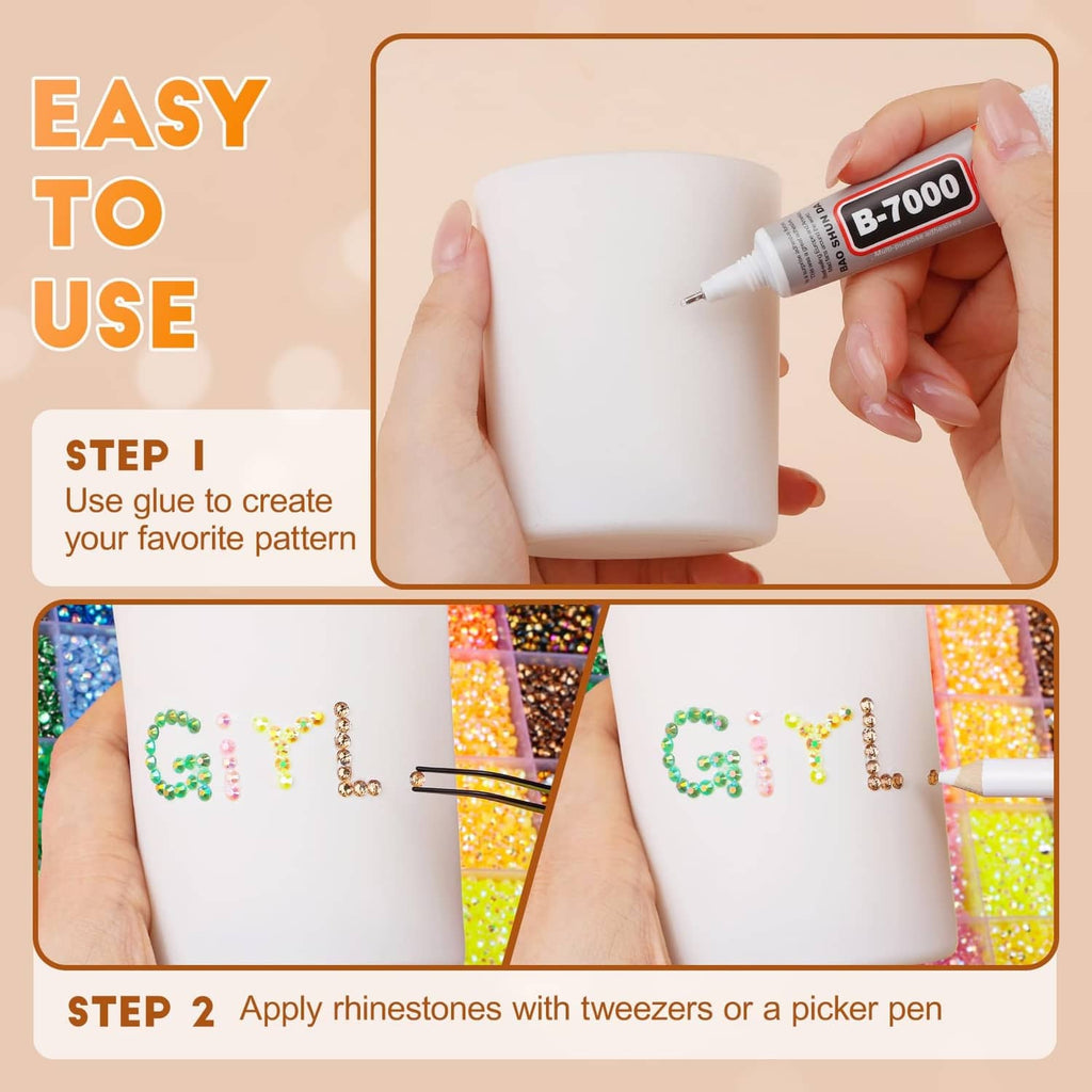 Bedazzling glue pen with rhinestone tweezers applying stones to a white craft cup