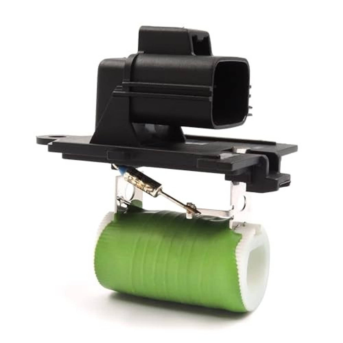 Engine cooling fan motor relay assembly, black housing with green resistor and metal terminals