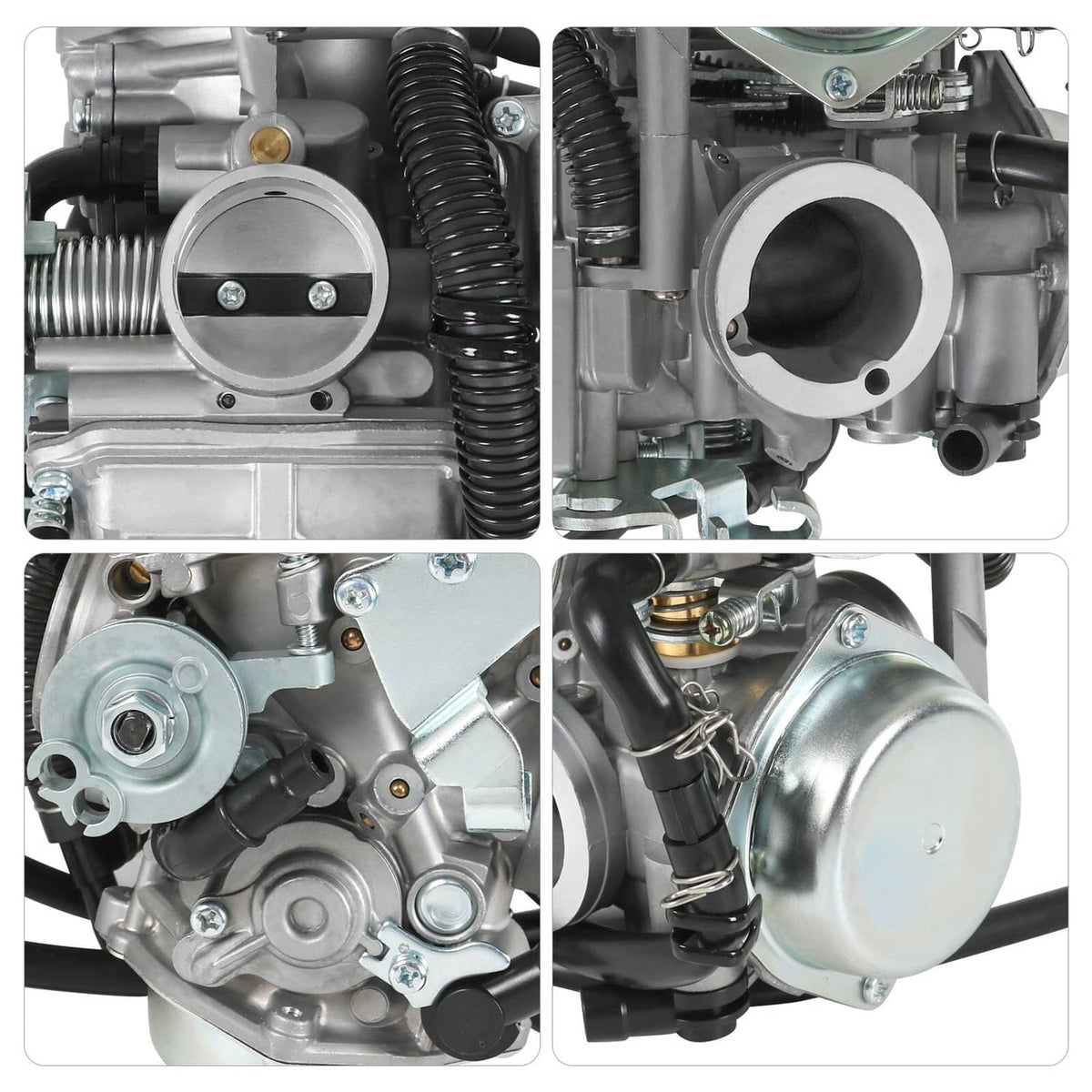 Carburetor detail views showing intake opening, hoses, and mounting screws