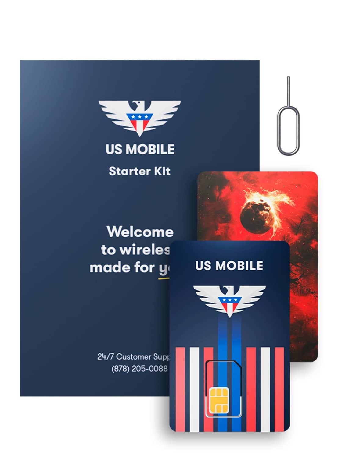 US Mobile starter kit box with SIM cards and SIM-eject tool, welcome design