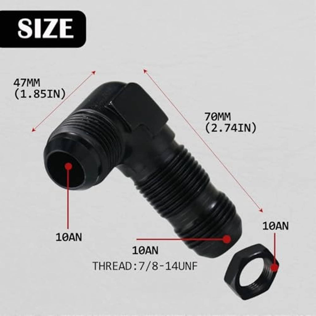 Black 90-degree male flare bulkhead fitting adapter with nut, black anodized aluminum