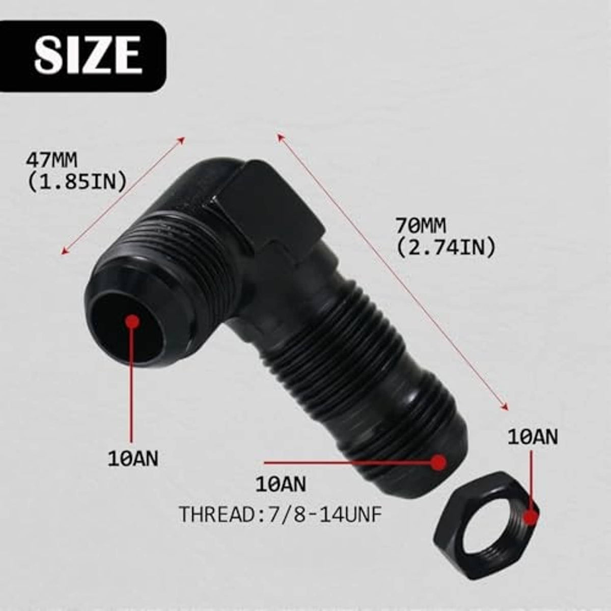 Black 90-degree male flare bulkhead fitting adapter with nut, black anodized aluminum
