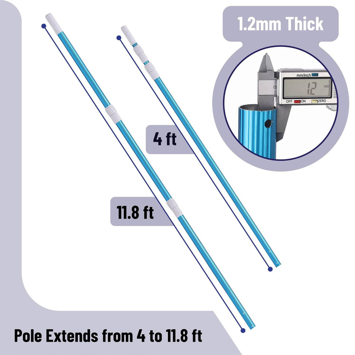 Blue pool pole extends from 4 to 11.8 ft, shown with length markings