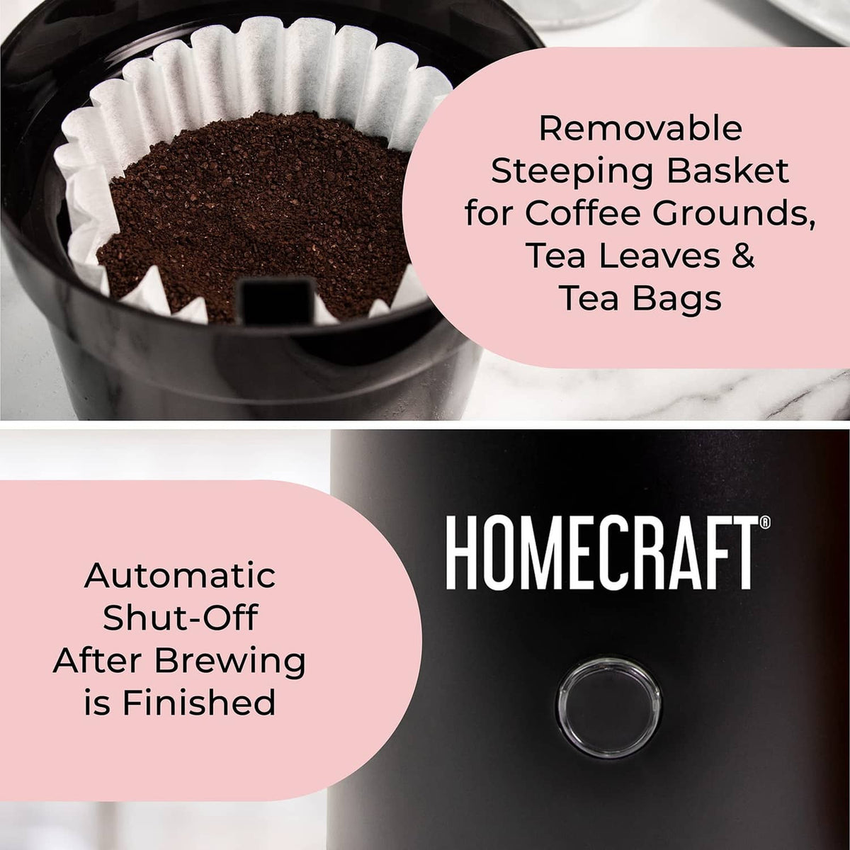 Black Homecraft iced tea maker with removable steeping basket and power button