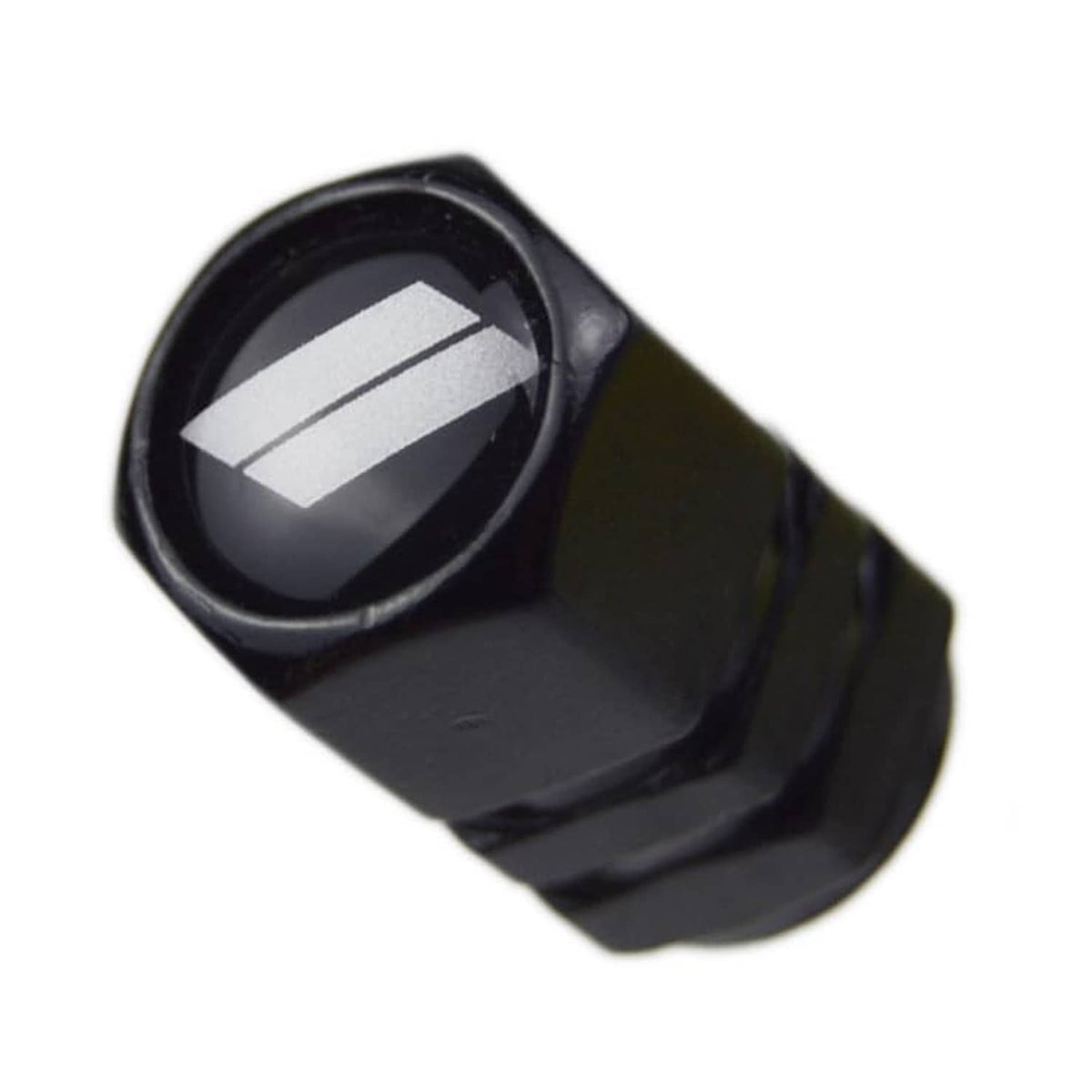 Single black valve stem cap with silver slash insert, close-up top