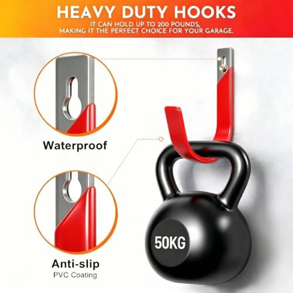 Red wall hook with gray mounting plate holding a black kettle-shaped weight