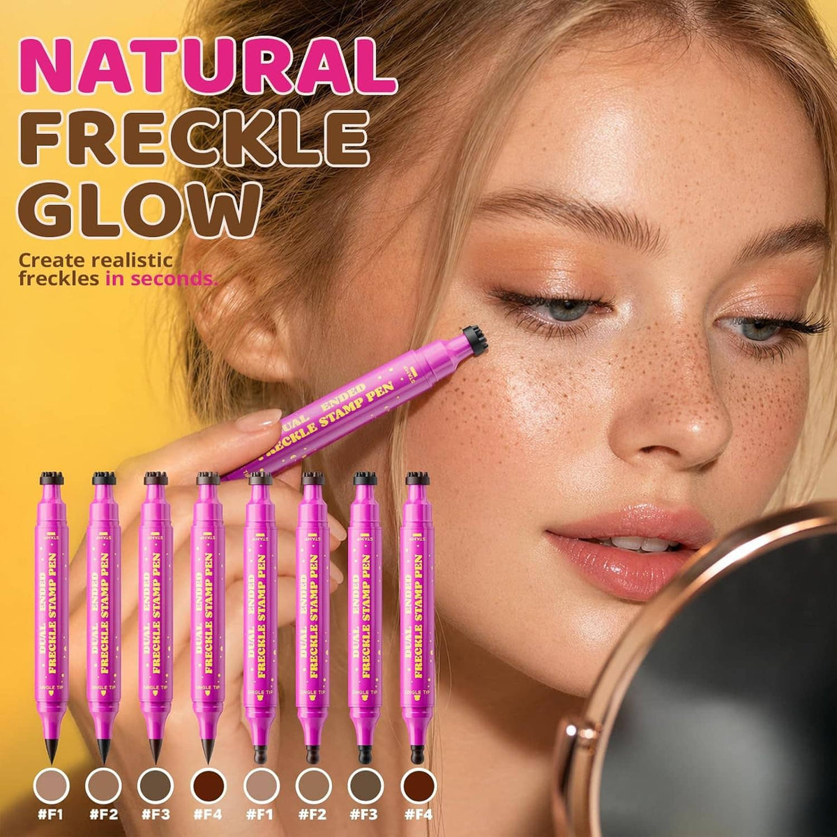 Pink freckle stamp pens arranged by shade with dual-ended sponge and precision tips