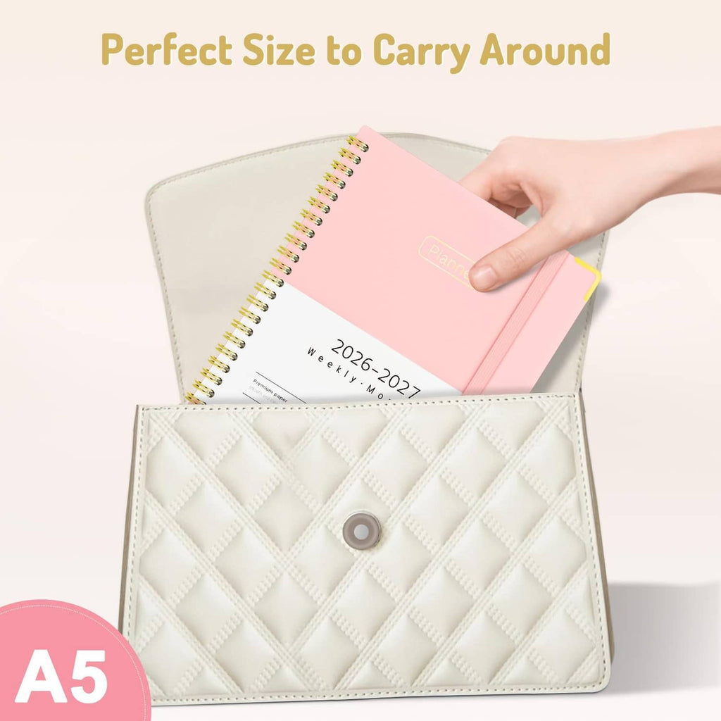Academic planner in an A5 quilted cover sleeve, with 2026–2027 visible