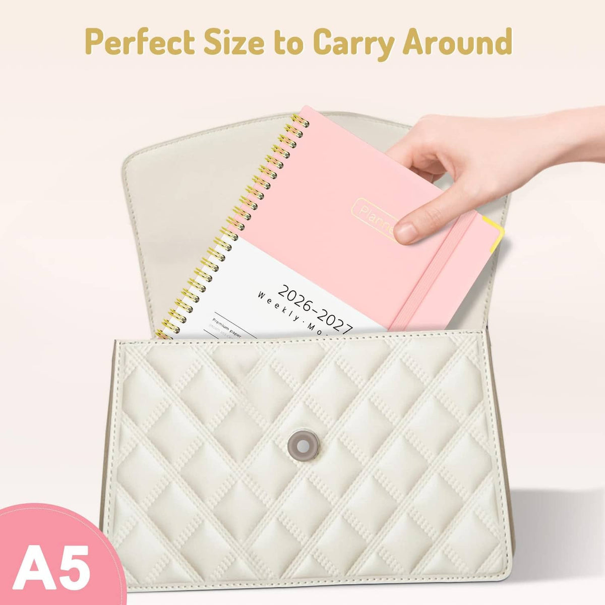 Academic planner in an A5 quilted cover sleeve, with 2026–2027 visible