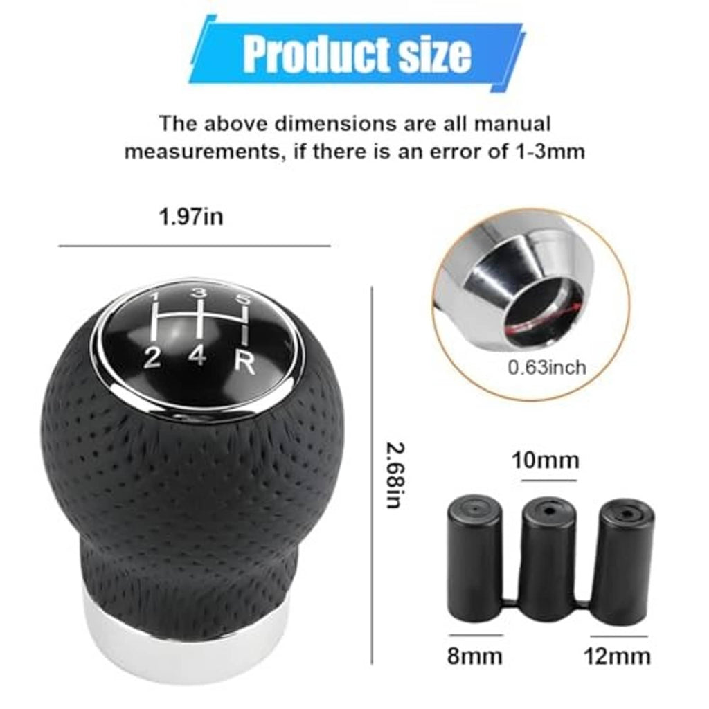Perforated black leather 5-speed shift knob with chrome gear dial and adapter size view