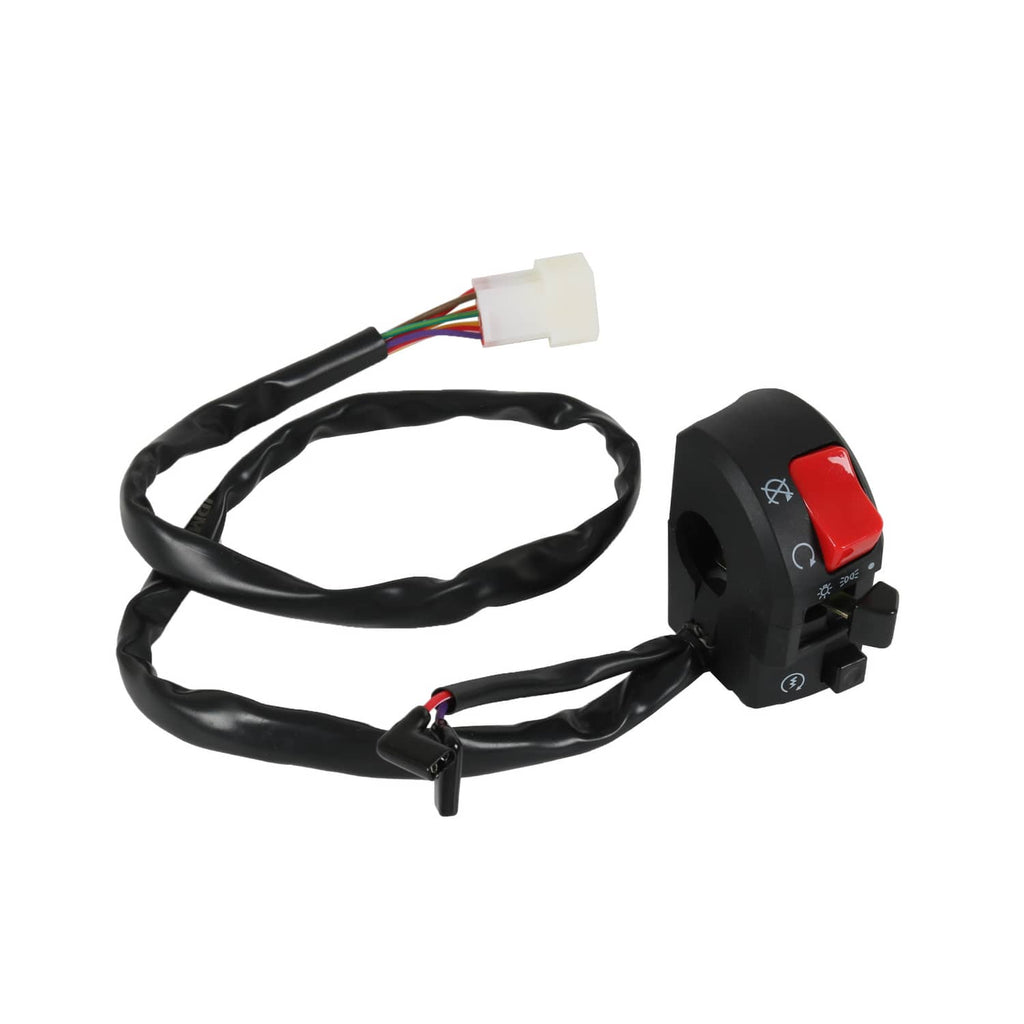 Motorcycle handlebar switch with red rocker button and white multi-wire connector