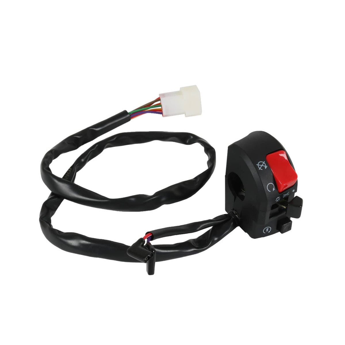Motorcycle handlebar switch with red rocker button and white multi-wire connector