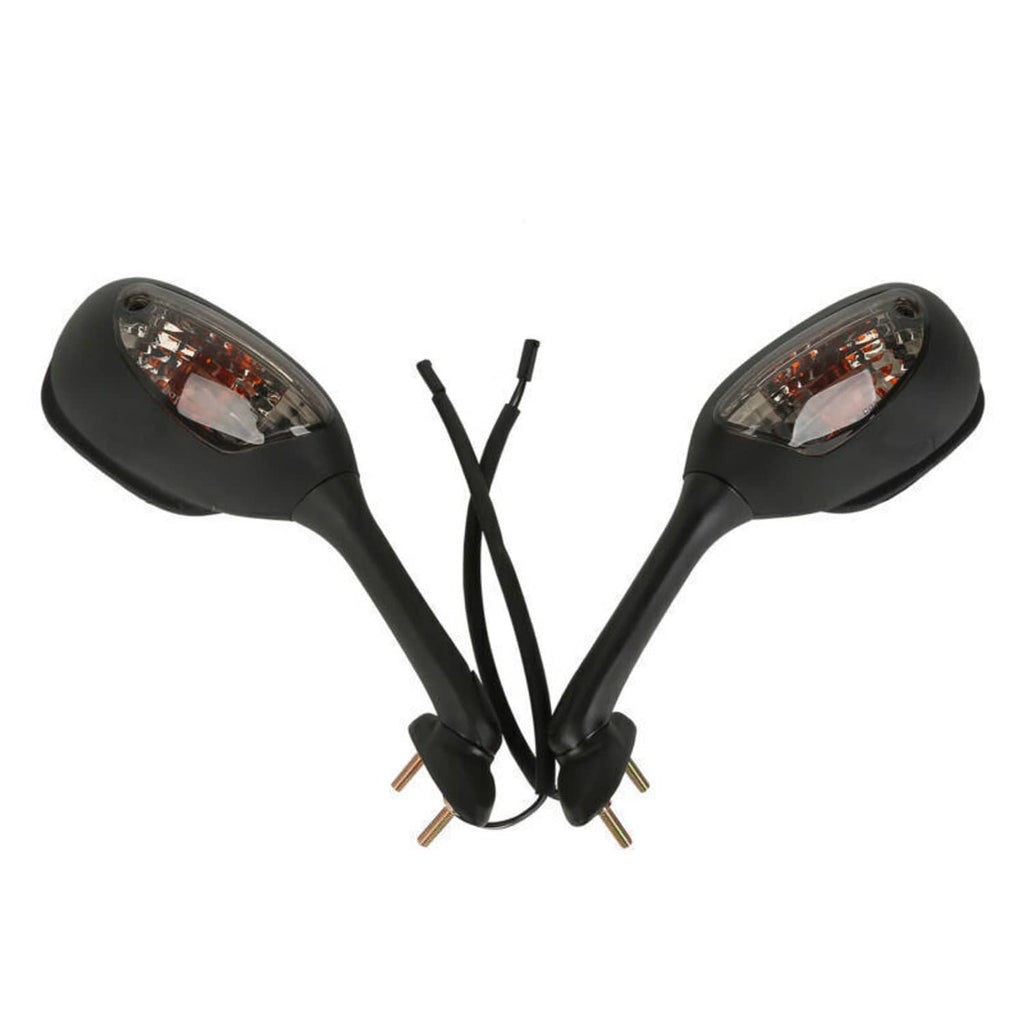 Two black motorcycle rearview mirrors with integrated amber turn signal lights, rear wiring visible
