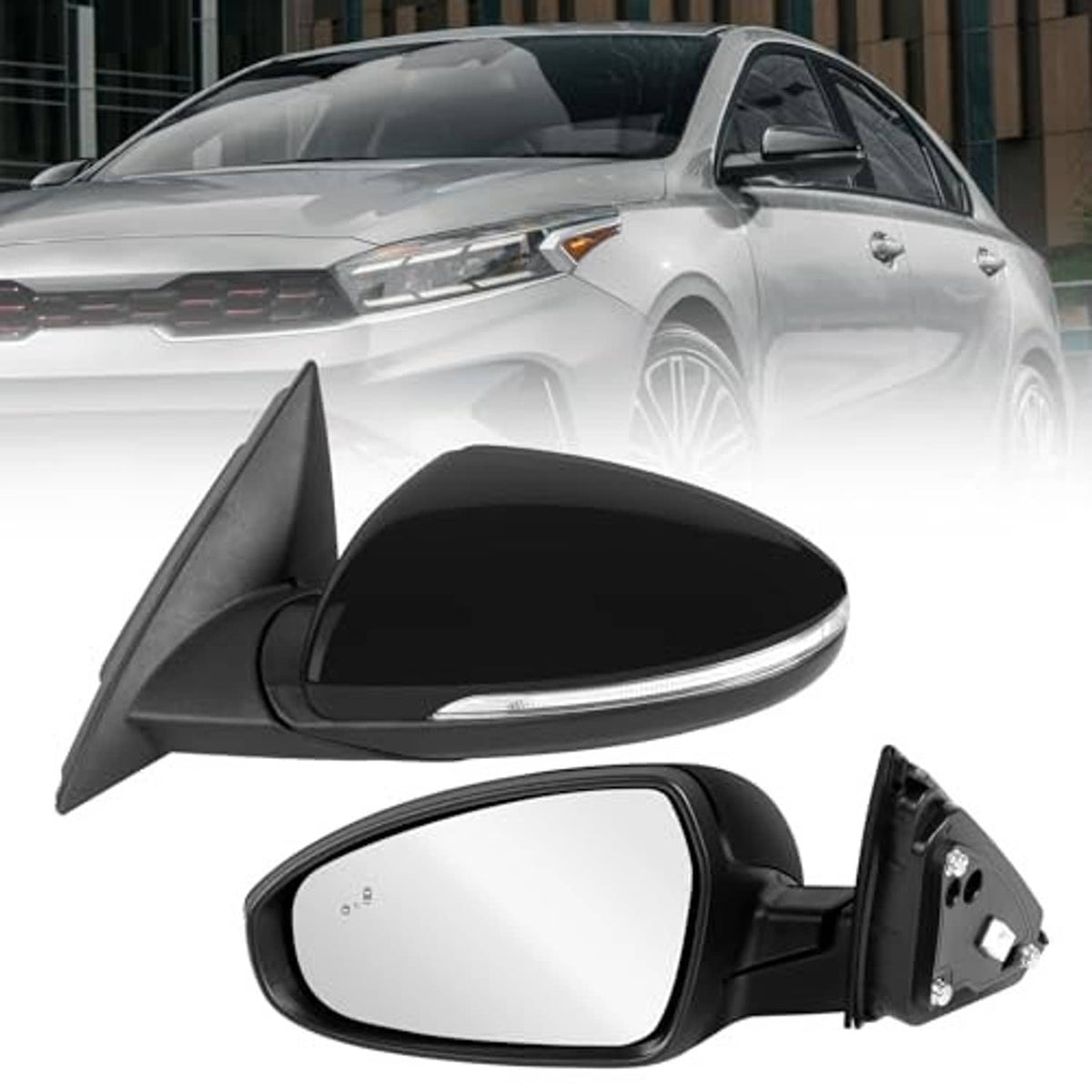 Left driver side mirror with black housing and chrome accent, tinted glass, front view