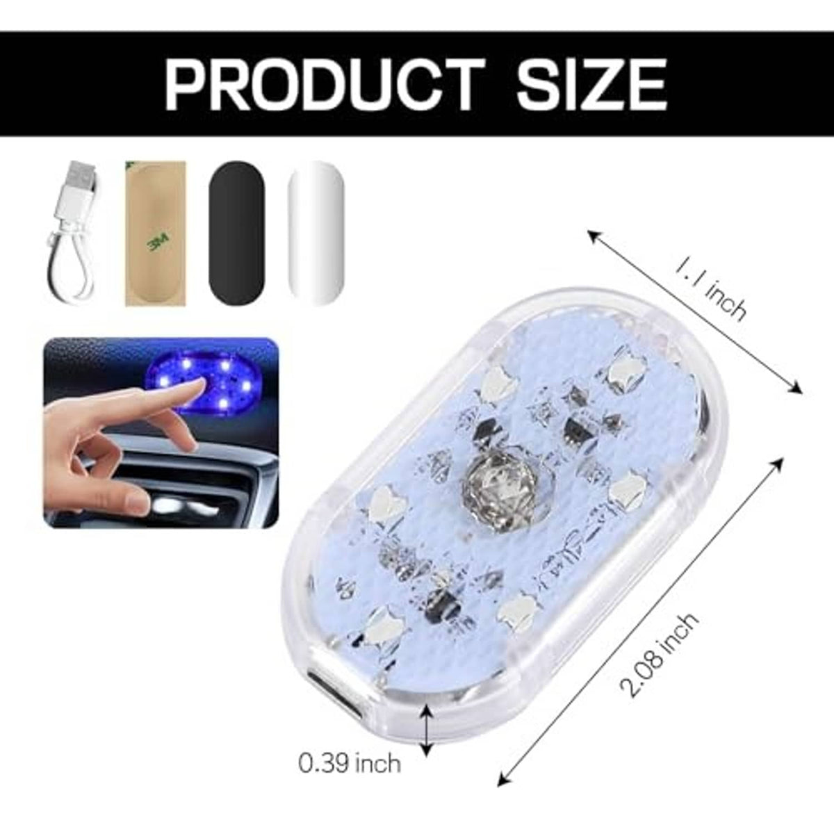 Clear oval wireless LED interior light with size dimensions and charging image