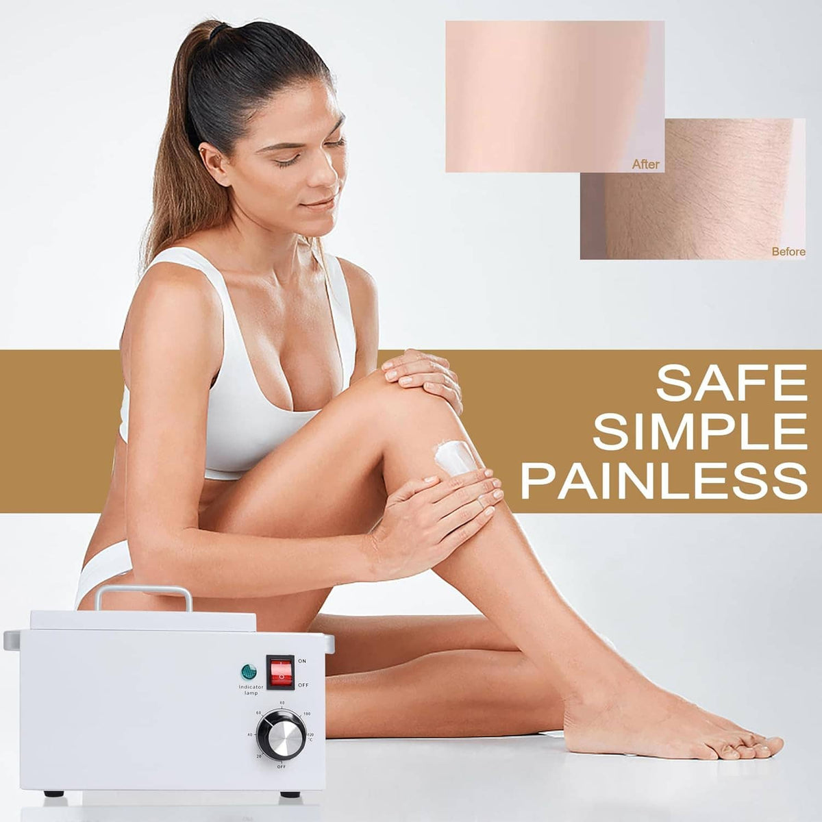 White wax warmer on countertop used for body hair removal, with person applying warm wax