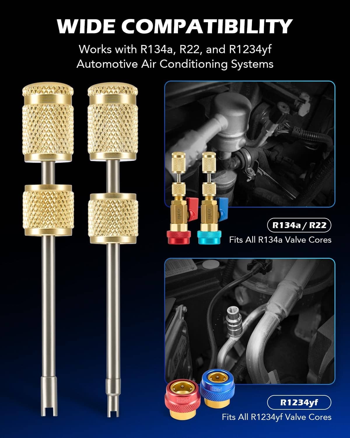 Wide-compatibility AC valve core tool set: two gold brass extensions with R134a/R22 heads