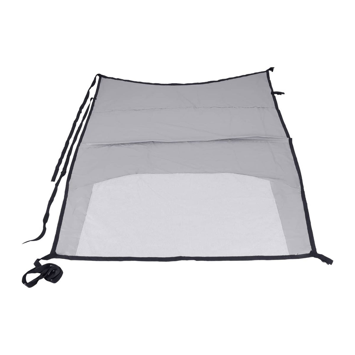 Grey aircraft cover with white panel insert and black trim securing straps