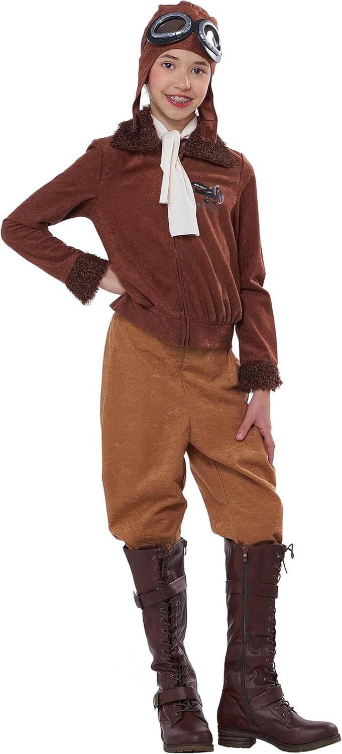 Kids aviator costume with brown jacket and tan pants, white scarf, aviator goggles hat