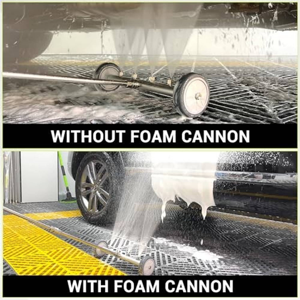 Undercarriage sprayer applying thick foam in a car wash bay, before and after