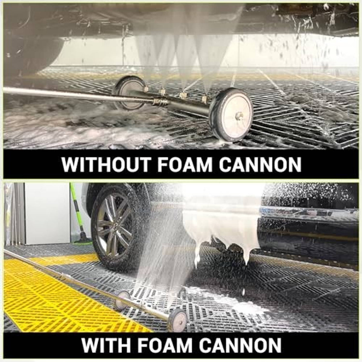 Undercarriage sprayer applying thick foam in a car wash bay, before and after