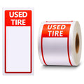 Red USED TIRE label stickers with blank white box, roll and single label