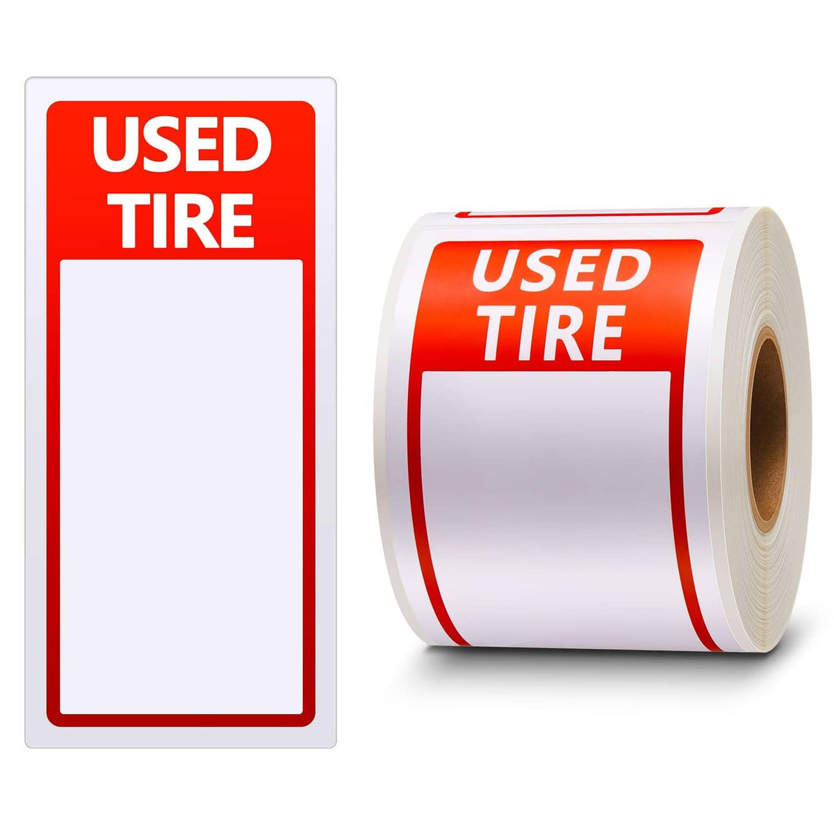 Red USED TIRE label stickers with blank white box, roll and single label