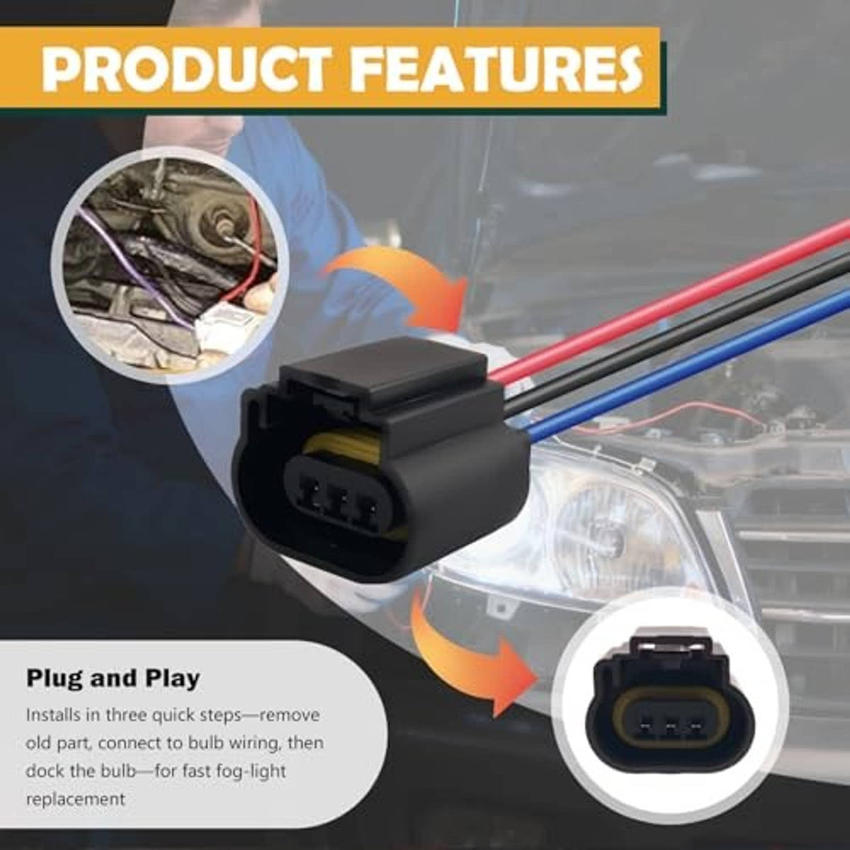 Headlight connector pigtail with plug-in black socket and twin red/blue wires