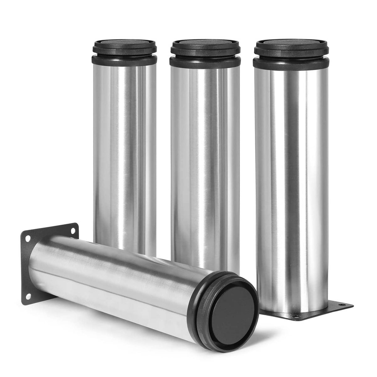 Adjustable stainless steel furniture legs with mounting plates and rubber base pads