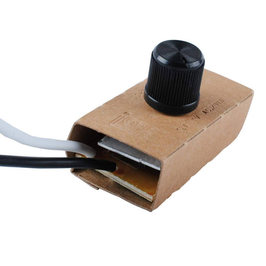 Dimmer switch module with black knob, brown mounting base, and attached wiring leads
