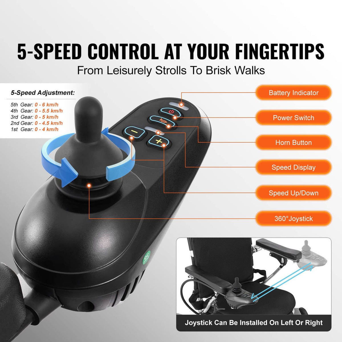 Electric wheelchair joystick control with black armrest and padded seat, close-up