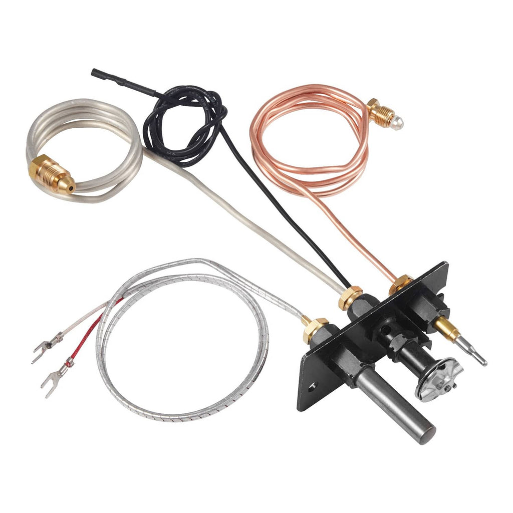 Gas pilot assembly with black base, copper lines, and electrical wiring