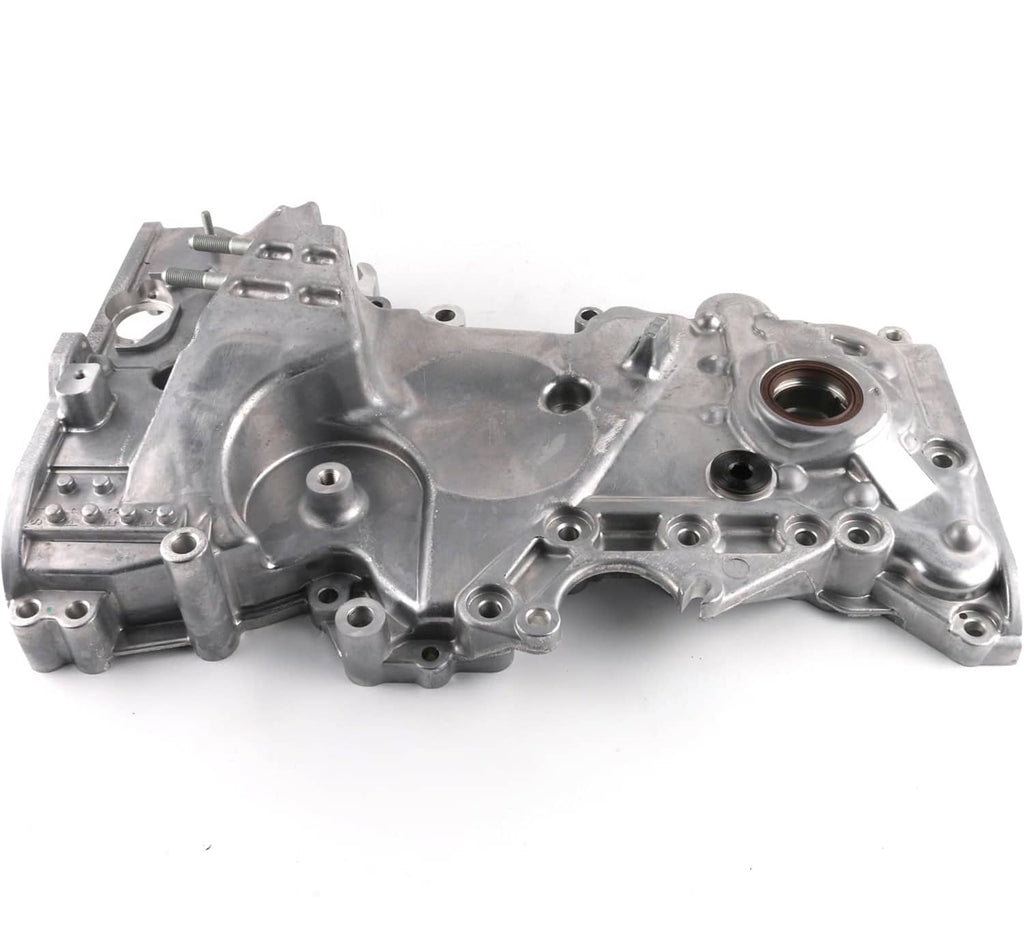 Metal engine timing chain cover with oil pump opening and mounting bolt holes