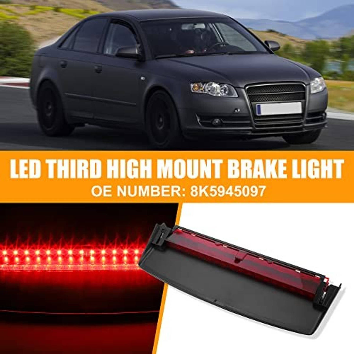 Vehicle third high mount brake light assembly with red LED strip and brackets