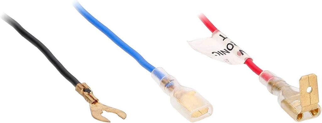 Power antenna wiring connectors with insulated blue and red lead wires