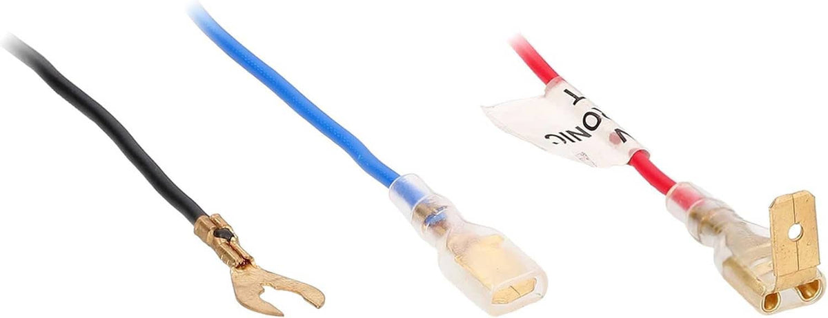 Power antenna wiring connectors with insulated blue and red lead wires