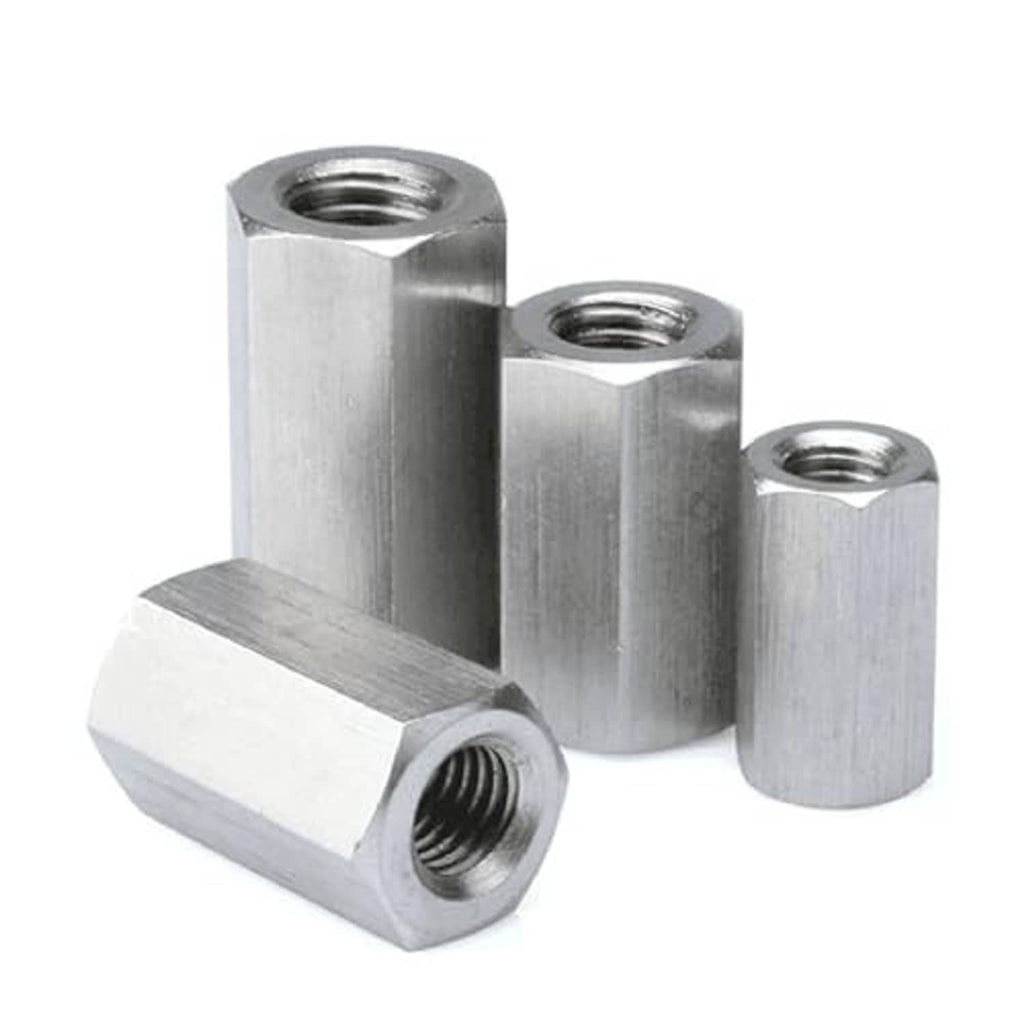 Stainless steel hex extension nuts with internal thread, M10 size, angled view