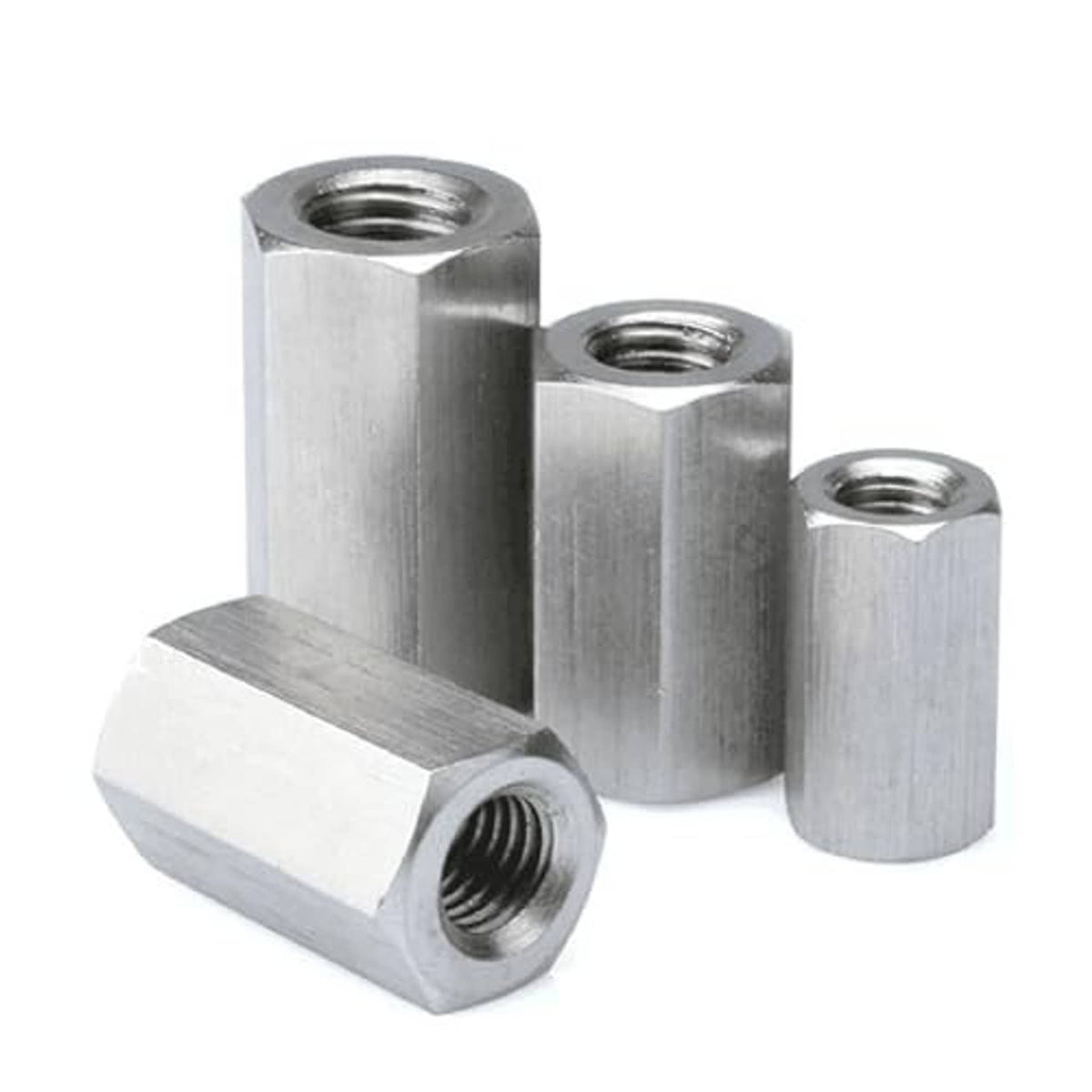 Stainless steel hex extension nuts with internal thread, M10 size, angled view
