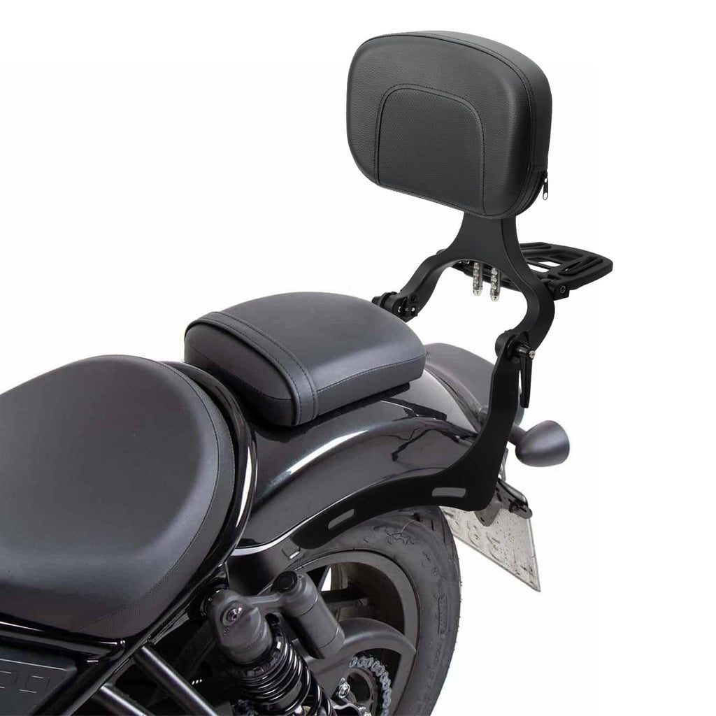Black padded passenger backrest with headrest and rear mounting bracket on motorcycle.