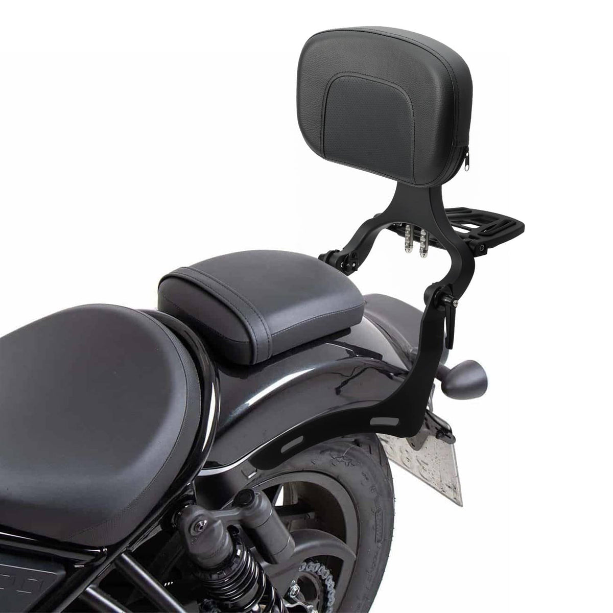 Black padded passenger backrest with headrest and rear mounting bracket on motorcycle.