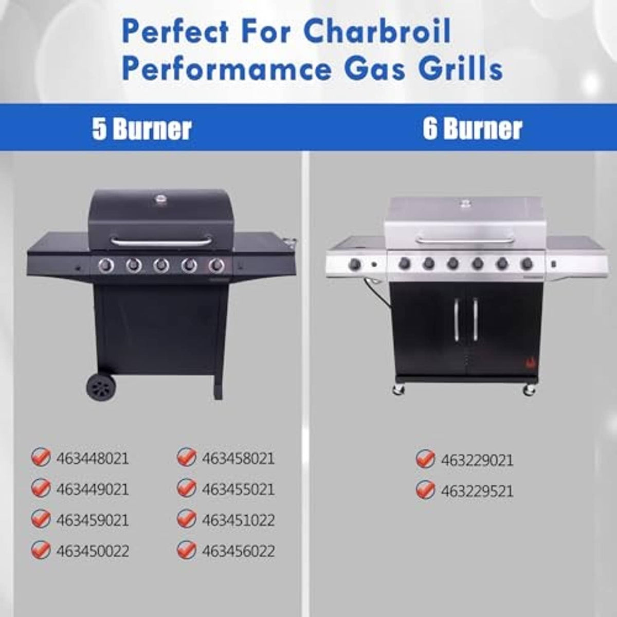 Replacement grill parts compatibility chart for 5- and 6-burner gas grills